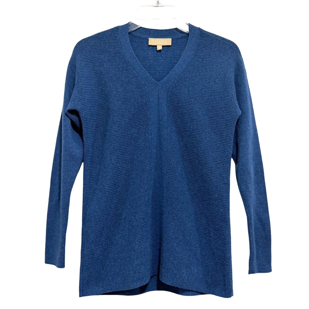 Talbots Petite Blue 100% Cashmere Ribbed V-Neck Sweater Size P Extra Small